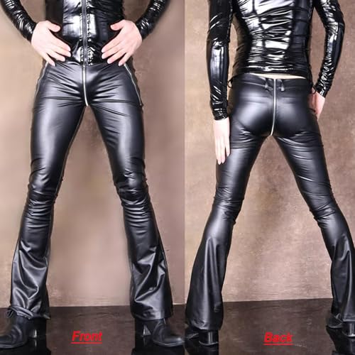 Men's PU Leather Leggings Zipper Crotch Long Pants Bell-Bottoms Motorcycle Flared Trousers3