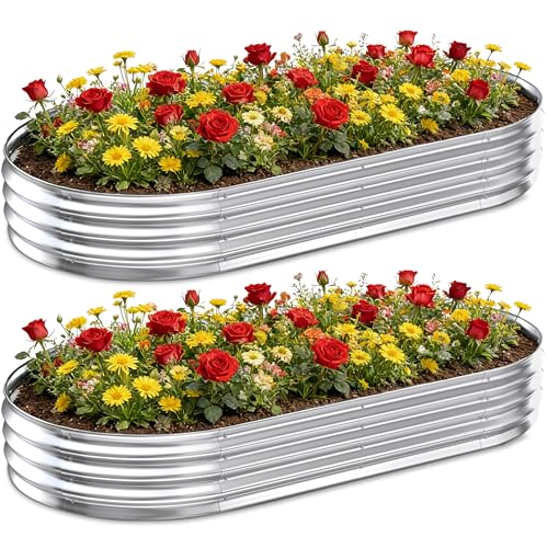 Image of Galvanized Raised Garden Bed Outdoor, 8x4x1ft(2 Pack) Metal Heavy Duty Planter Boxes for Gardening, Easy Assemble Large Oval Plant Container Kit for Vegetable, Flower, Fruit, Silver