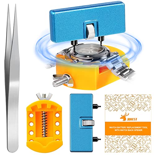 JOREST Kit Changement Pile Montre, Ouvre Boitier Montre Utilisé pour Ouvrir le couvercle de la Montre en Tournant, Kit Montre Demontage, Support de boîtier de Montre, Brucelles, Manuel d'utilisation