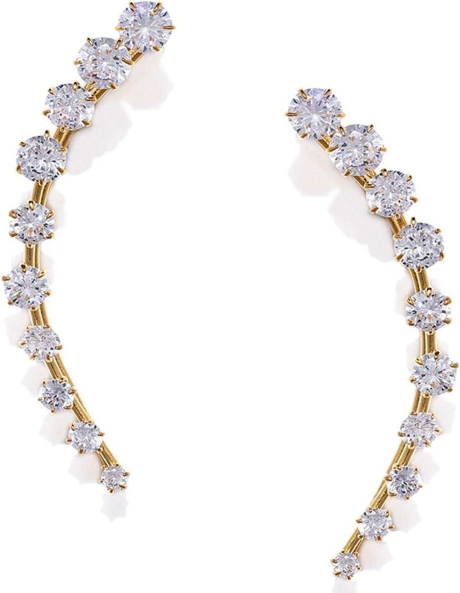 Accessher Gold Plated Clip On Ear Cuffs | with Shiny American Diamond | Non Piercing Ear Wrap | Lightweight Climber Earring | Modern Jewelry | 5cm Long (Pair of 1)