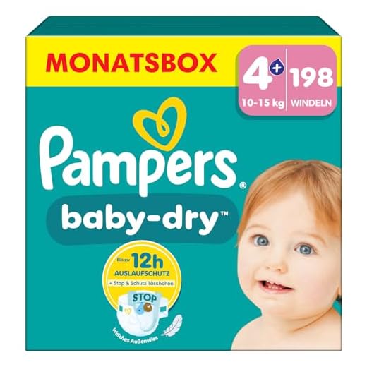 Pampers Baby-Dry Größe 4+, 198 Windeln, 10kg-15kg, Bis zu 100% Auslaufschutz & Komfort die ganze Nacht