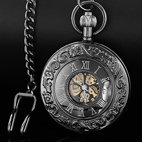 Image of Steampunk Roman Case Design Mechanical Pocket Watch with Chains & Boxs for Best Gifts(Black)