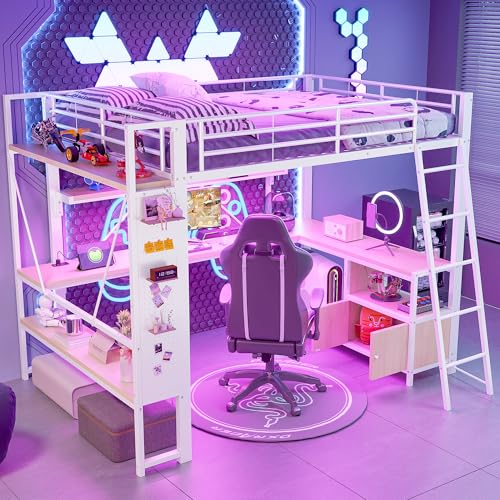 Lubvtti Cama Alta De Hierro 140 X 200 Con Led, Puerto Usb, Escritorio, Espacio De Almacenamiento, Estantes Múltiples, Panel Perforado, Litera Para Niños, Estructura De Cama Para Niños, Color Blanco