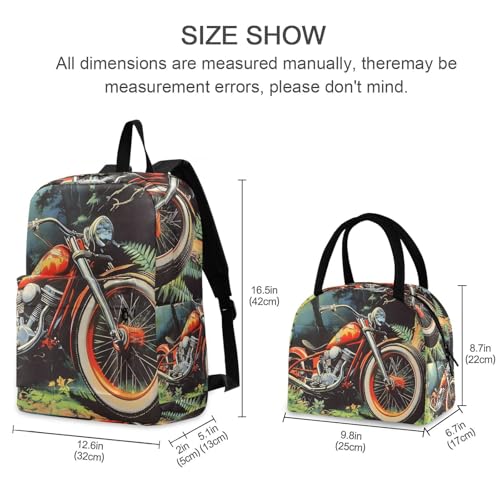 Backpack Lunch Box Set Large Capacity Travel Backpacks and Insulated Lunch Bag for Commute Hiking Picnic Vintage Motorcycle Print2