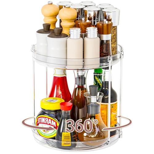 2 Tier Lazy Susan Turntable Organizer, Detachable & Rotating Spice Rack Organization for Cabinet, Kitchen, Pantry, Countertop, Bathroom, Vanity, Medicine Cabinet Organizer, Clear
