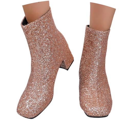 Generisch - Generisch 2025 im britischen Stil, einfarbig, Paillettendekoration, Dicker Absatz, Reißverschluss, Kurze Stiefel Schuhe Damen Arbeitsschuhe Winter (Gold, 39)