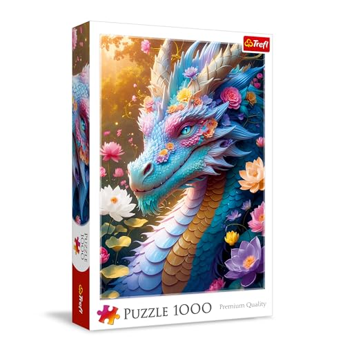 Trefl - Farbiger Drache - Puzzle mit 1000 Teilen - Mehrfarbiger Drache in Einer Blumenlandschaft, für Erwachsene und Kinder ab 14 Jahren