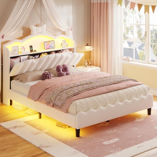 ADORNEVE Full Size Bed Frame with Storage Headboard, LED Lights, Princess Velvet Upholstered Platform Bed for Girls/Kids, Headboard with Charging Station & Bow Accent, No Box Spring Needed,