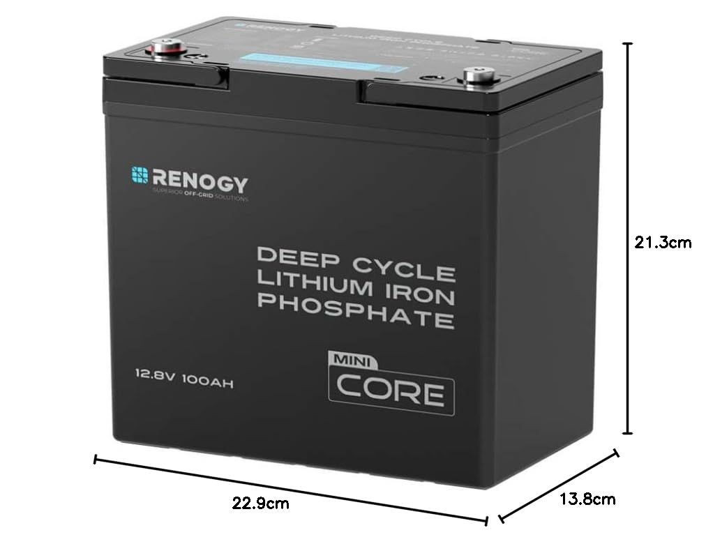 Renogy 12V 100Ah Core Mini LiFePO4 Batterie Lithium-Fer-Phosphate, BMS Amélioré 100A, 5000 Cycles, Fonction de Protection Antigel, Batterie Lithium pour Camping-Car, Système Solaire, Caravane, Bateau