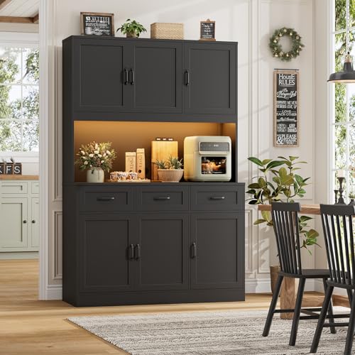Image of HOSTACK Kitchen Pantry Storage Cabinet, Tall Kitchen Hutch Cabinet, Black | 47 inchW Food Pantry Cabinet with Smart LED / Charging Station / Countertop / 3 Large Drawers, 72 inchH Storage Hutch for Dining Room