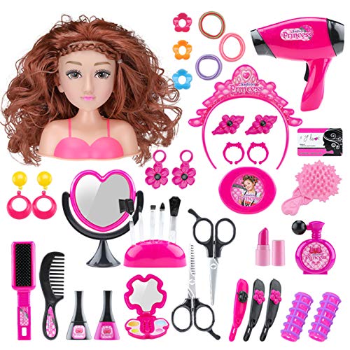 Yamix Girl Makeup Pretend Playset 41 Pieces, Styling Head Doll Hairstyle Toy with Hair Dryer, Beauty Hair Salon Fashion Pretend Play Set