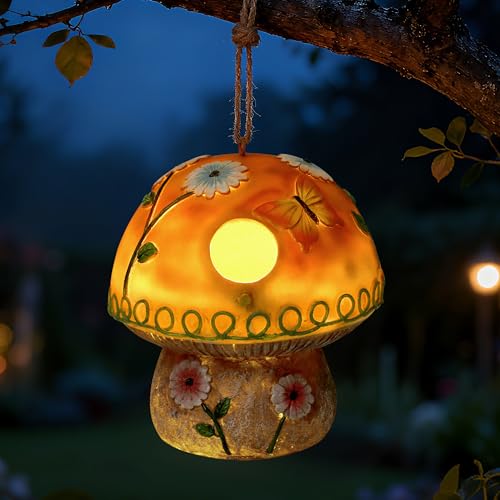 Smadeer Solar Birdhouse for Outdoor Hanging, Mushroom Bird House with Lights Outside, Resin Garden Statue Decorative Nesting Box for Chick Blue Bird Hummingbird Woman Gifts for Yard Patio