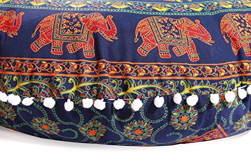 Popular Handicrafts Large Hippie Elephant Mandala Floor Pillow Cover - Cushion Cover - Pouf Cover Round Bohemian Yoga Decor Floor Cushion Case- 32" Chain Yellow Blue #TOP1