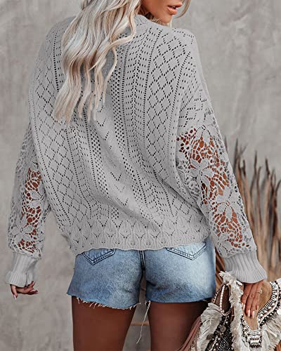Btfbm Long Sleeve Hollow Out Sweater Casual Cute Crochet Lace Pointelle Knit Pullover Crew Neck Loose Blouses For Women (Lace Grey, Medium) #TOP2