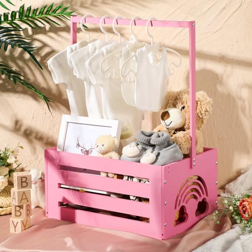 Image of Yerliker Wooden Baby Shower Crate Closet Baby Shower Gifts Basket Storage Crate Hamper with Handle Personalized Basket for Newborn Boys Girls Pregnancy Gifts(Pink,Cloudy, Rainbow)