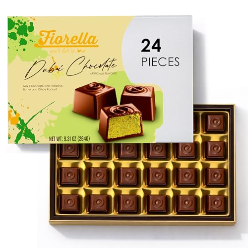 Fiorella Dubai Style Milk Chocolate Pistachio Squares, Filled Chocolate With Pistachio Butter & Crispy Kadayif, Individually Wrapped Chocolate Pieces, 24 Count Box