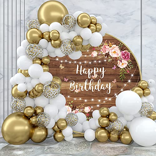 Yeele 7x7ft Happy Birthday Round Backdrop Cover Rustic Brown Wood Pink Floral String Lights Photography Background for Women Girls Birthday Party Decoration Cake Table Banner Photo Shoot Props by Yeele - Image 5
