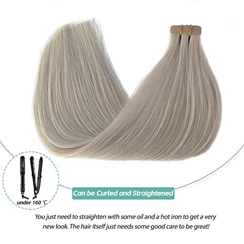 Tape In Hair Extensions Human Hair Ice Blonde, Licoville Invisible Seamless Silky Straight Double Sided Remy Human Hair Icy Blonde Tape In Extensions For Fine Thin Hair 20 Inch 50Grams/20Pcs #TOP5