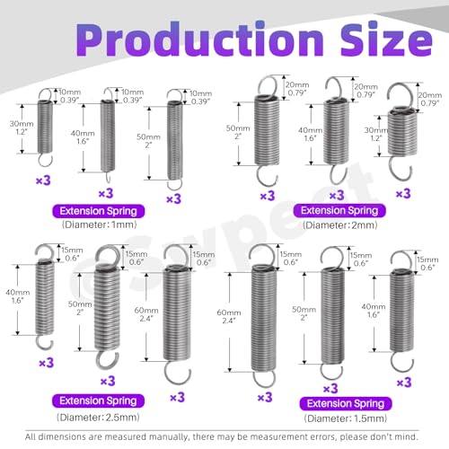 Swpeet 36Pcs 12 verschiedene Größen Kohlenstoffstahl Verlängerungs Feder Sortiment Kit, verlängerter Zugfederdraht Dia 0.039\ 0.059\ 0.078\ 0.1\, OD 0.39\ 0.59\ 0.78\, Länge 1.18\ 1.57\ 1.96\ 2.36\