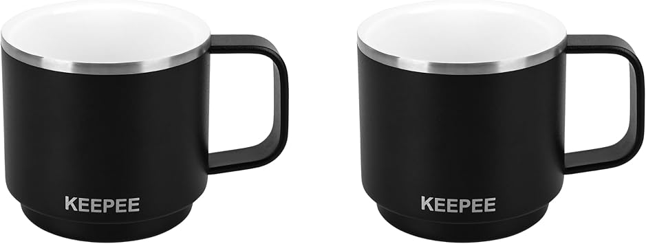 4 oz Stackable Cup with Handle, Vacuum Insulated Espresso Coffee Cup with Ceramic Lining, Stainless Steel, 2 Pack, Black
