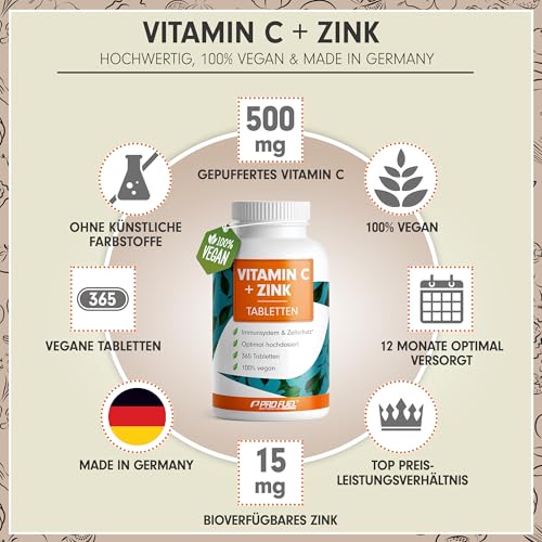 Vitamin C + Zink (365 Tabs) - optimal hochdosiert: 500 mg gepuffertes Vitamin C + 15 mg Zink aus bioverfügbarem Zinkbisglycinat - Immunsystem & Zellschutz - laborgeprüft mit Zertifikat - 100% vegan