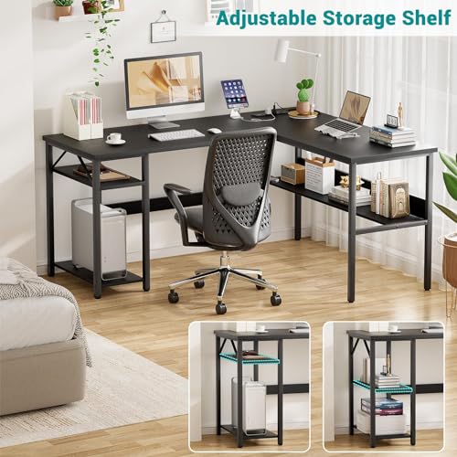 Hyomdeck Reversible L Shaped Computer Desk with Power Outlets and USB Charging Ports, Sturdy Corner Desk with Storage Shelf, Modern Work Gaming Table for Home Office, Easy to Assemble, Black - Thumbnail 4
