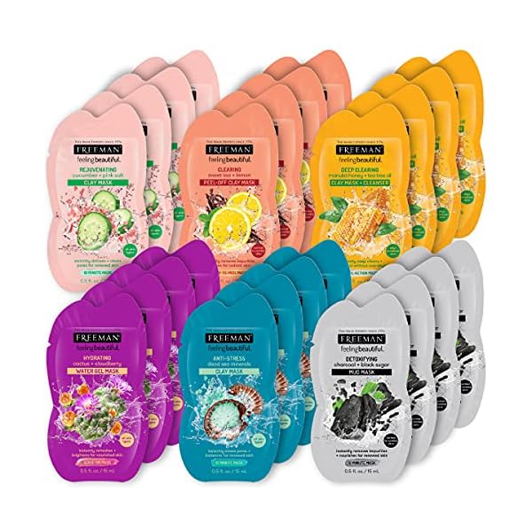 FREEMAN Beauty Facial Mask Variety Pack: Clay, Charcoal, Mud, and Peel Off Beauty Face Masks, 24 Count