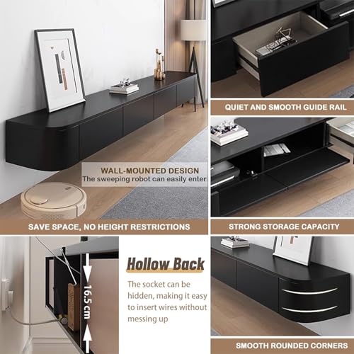 Image of Floating TV Stand Wall Mounted - Wall Entertainment Center with Flip-Down Doors & Drawers, Modern Hanging TV Shelf for Living Room, Media Console for 65 /75 80 Inch TVs (Black - B, 118 IN /300CM)