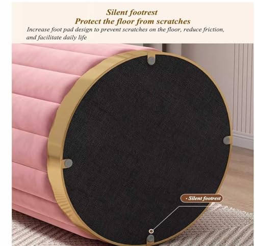 Image of Round Upholstered Velvet Ottoman Seating Stool with Gold Metal Base Multifunctional Makeup Vanity Chair Soft Compact Padded Foot Rest Stool for Living Room Bedroom Pink