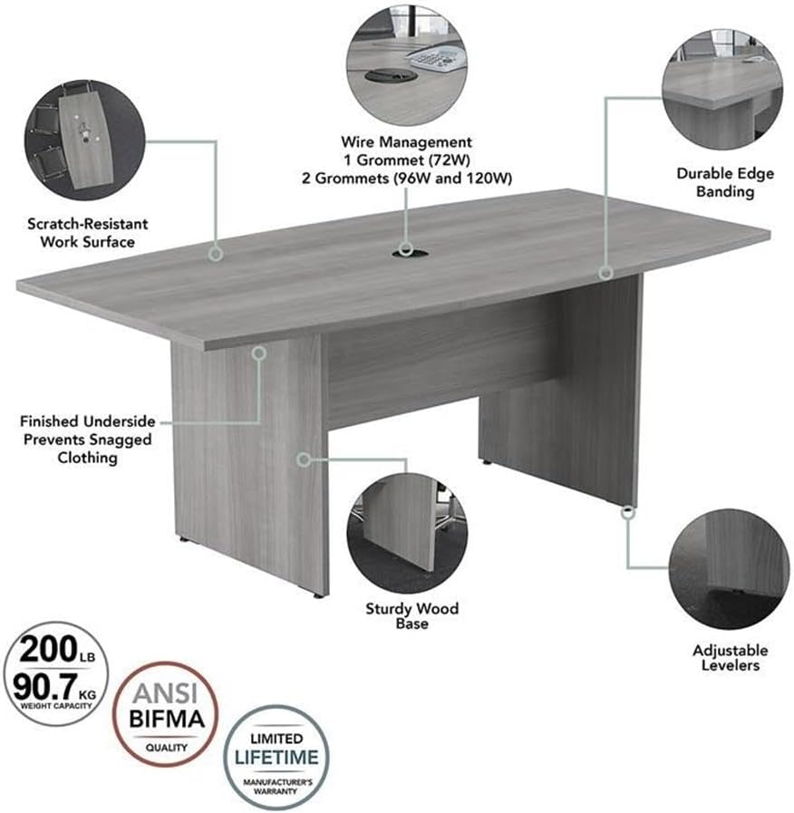 Pemberly Row Boat Shaped Conference Table, 96W x 42D, Platinum Gray Finish, Engineered Wood, Durable Base, Wire Management Grommets, Office Boardroom Table for 6-8 Users