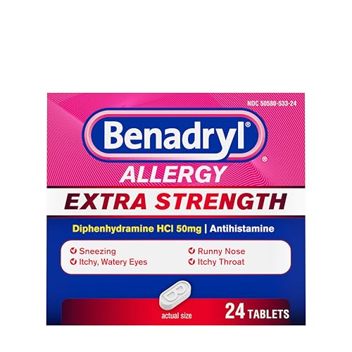 Benadryl Extra Strength Relief Allergy Tablets, 50 mg Diphenhydramine HCl, 2X The Strength in One Pill Compared to 1 of the Ultratabs, Works When You Need it Most, 24 Count