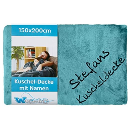 Wolimbo Kuscheldecke - 200 x 150cm - türkis - personalisierbar - Wohndecke mit Wunsch Name/Motiv - weiche Decke - bestickte Couchdecke - Schlafdecke