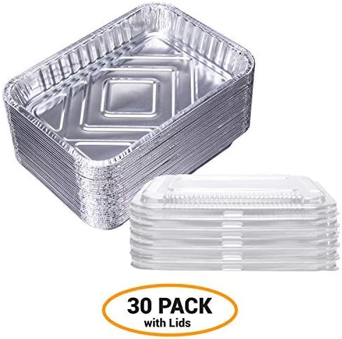 7.5 in x 5 in Foil Drip Pans w/ Plastic Covers 30 Pack Weber Grill Compatible- Aluminum Containers with Lids-Bulk Grease Replacement Liner Trays BBQ Grill Pans And Oven Refrigerator Safe