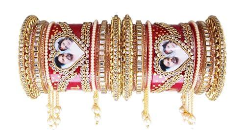 Personalised Name & Photo Kangan for Husband & Wife | Red Designer Jhumki Lathkan Chooda Set | Customized Couples Jewellery-image-34