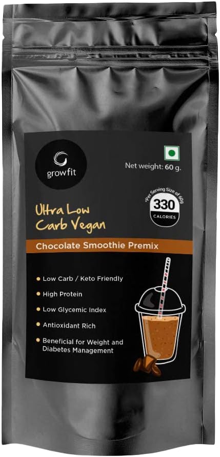G growfit Ultra Low Carb Balanced Meal Smoothie (420gm) | 9g Carbs Per Serve | Fat Burner - Chocolate Flavour | Contains Coconut Milk Powder, Pea Protein, Organic MCT Oil, Chia seeds | Meal Replacement | Keto Friendly - 7 Servings