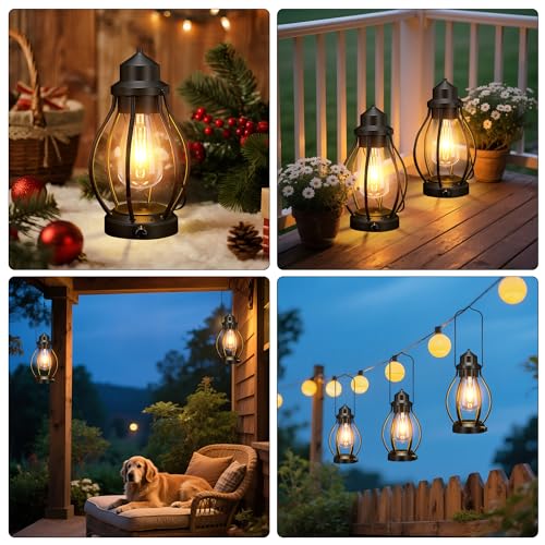 Image of Battery-Powered LED Lanterns Vintage Lights for Camping, 2 Pack Rechargeable Lantern with Dimmerble Warm White Edison Bulb, Waterproof Hanging Light Table Lamp for Outdoor & Indoor Decorative