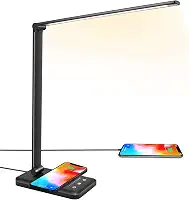 Lâmpada de mesa LED com carregador sem fio, porta de carregamento USB, iluminação de mesa com 10 níveis de brilho, 5 modos de iluminação, luz de mesa de leitura regulável para casa, luzes de escritório, controle de toque, temporizador automático