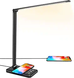 Lâmpada de mesa LED com carregador sem fio, porta de carregamento USB, iluminação de mesa com 10 níveis de brilho, 5 modos de iluminação, luz de mesa de leitura regulável para casa, luzes de escritório, controle de toque, temporizador automático