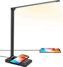 Lâmpada de mesa LED com carregador sem fio, porta de carregamento USB, iluminação de mesa com 10 níveis de brilho, 5 modos de iluminação, luz de mesa de leitura regulável para casa, luzes de escritório, controle de toque, temporizador automático