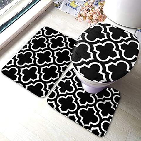 Meiya-Design Trellis Pattern In Black And White Bathroom Rug Mats Set 3 Piece - Soft Shower Bath Rugs - Contour Mat and Toilet Lid Cover - Perfect Combination of Luxury and Comfort Cover