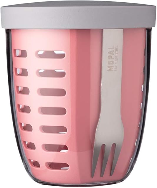 Mepal  Fruit & Veggie Pot Ellipse  Fruit container  Ideal For Fruit and Vegetables On The Go  Fruit Box With Fork & Colander  600 ml  Nordic Pink.