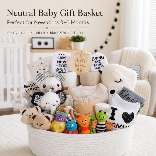 Image of Ultimate Gender-Neutral Baby Gift Basket, High-Contrast Black & White Newborn Essentials, Premium All-in-One Unisex Baby Shower & Gender Reveal Gift Set for Boys & Girls with Swaddle Diaper Caddy