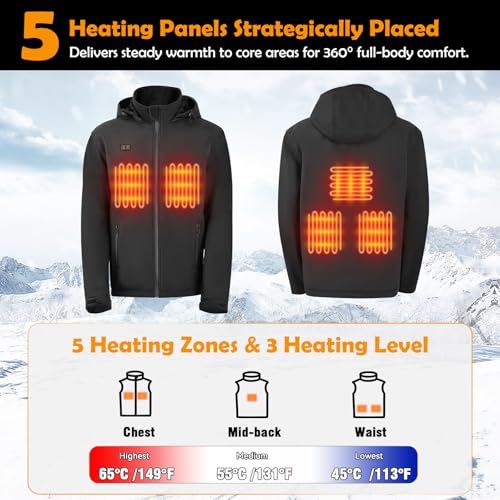 Heated Jacket for Men and Women, 3-Temp Dual Control, 5 Heat-Zone, Wind/Waterproof, for Skiing Hiking2