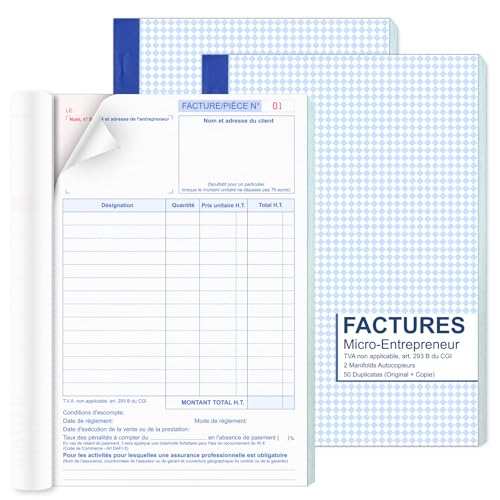 Lot de 3 A5 Manifold Factures Micro-Entrepreneur 50 Feuillets Autocopiants Numérotés en Duplicatas Facturier Auto-entrepreneur Carnet de Facturation Format...