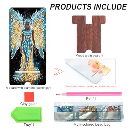 Image of Butterfly Fairy Diamond Painting Phone Stand with Mirror, DIY Wooden Diamond Art Desktop Holder, 2-in-1 Multi-Functional Diamond Painting Tabletop Ornament for Home and Office
