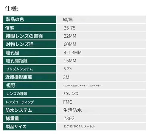 zmart 25-75x60 ズーム スポッティングスコープ EDレンズ の商品画像 8
