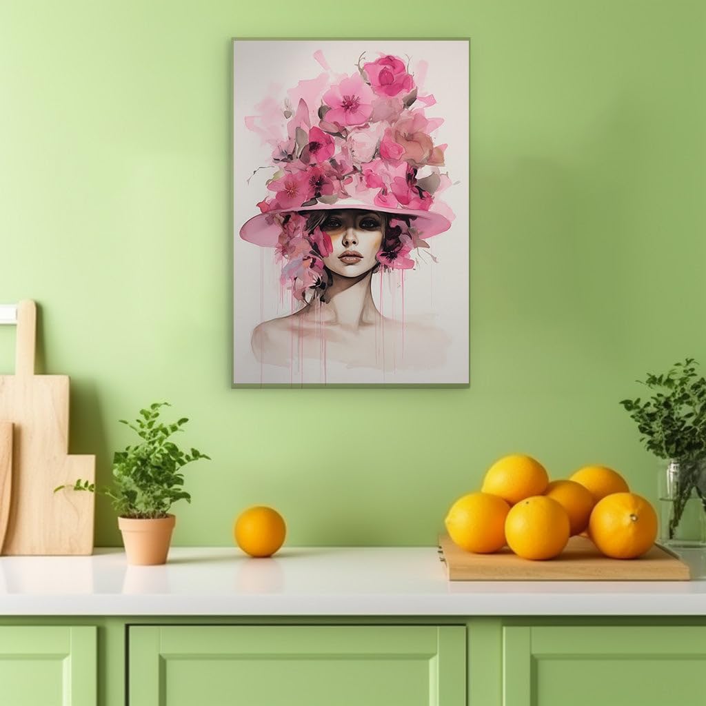 Canvas for Living room. Whimsical Elegance in Pastel: Enigmatic Eyes Beneath a Floral Pink Hat, 27 x 18 inch Canvas Wall Art - Contemporary Masterpieces - Botanical Home Decor - 69x46 cm (27x18 inch)