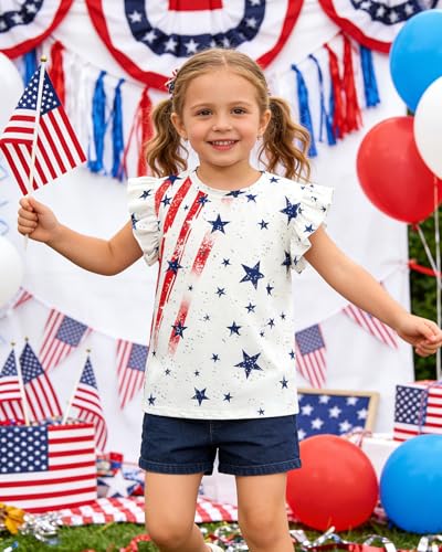 Image of Toddler Girls July 4th Shirts American Flag Ruffle Short Sleeve Patriotic Red White Blue Star Outfits Blouse Tops