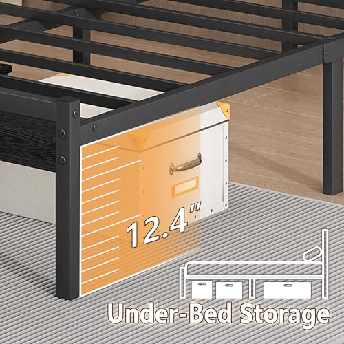 Image of CLIBFENG Bed Frame Twin Size with USB Charging Station, LED Bed Frame with Wood Storage Headboard, Black Metal Platform Bed with Under Bed Storage, No Box Spring Needed, Noise Free
