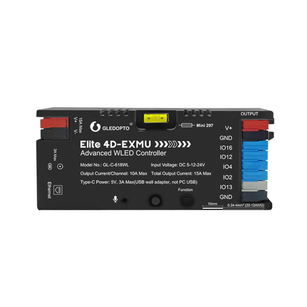 GLEDOPTO Contrôleur LED Avancé 4 Canaux, WiFi/Ethernet - 15A Max, avec Micro Audio et Relais - Compatible WLED pour Bandes LED RGB ICs WS2812B/WS2815 (Noir)